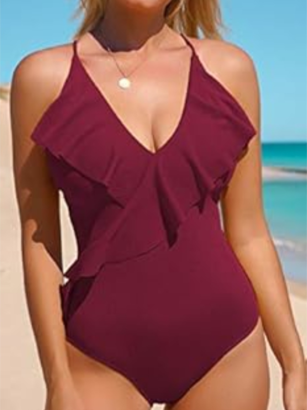 NWT. Cupshe Deep V Ruffle One-Piece Swimsuit - Burgundy